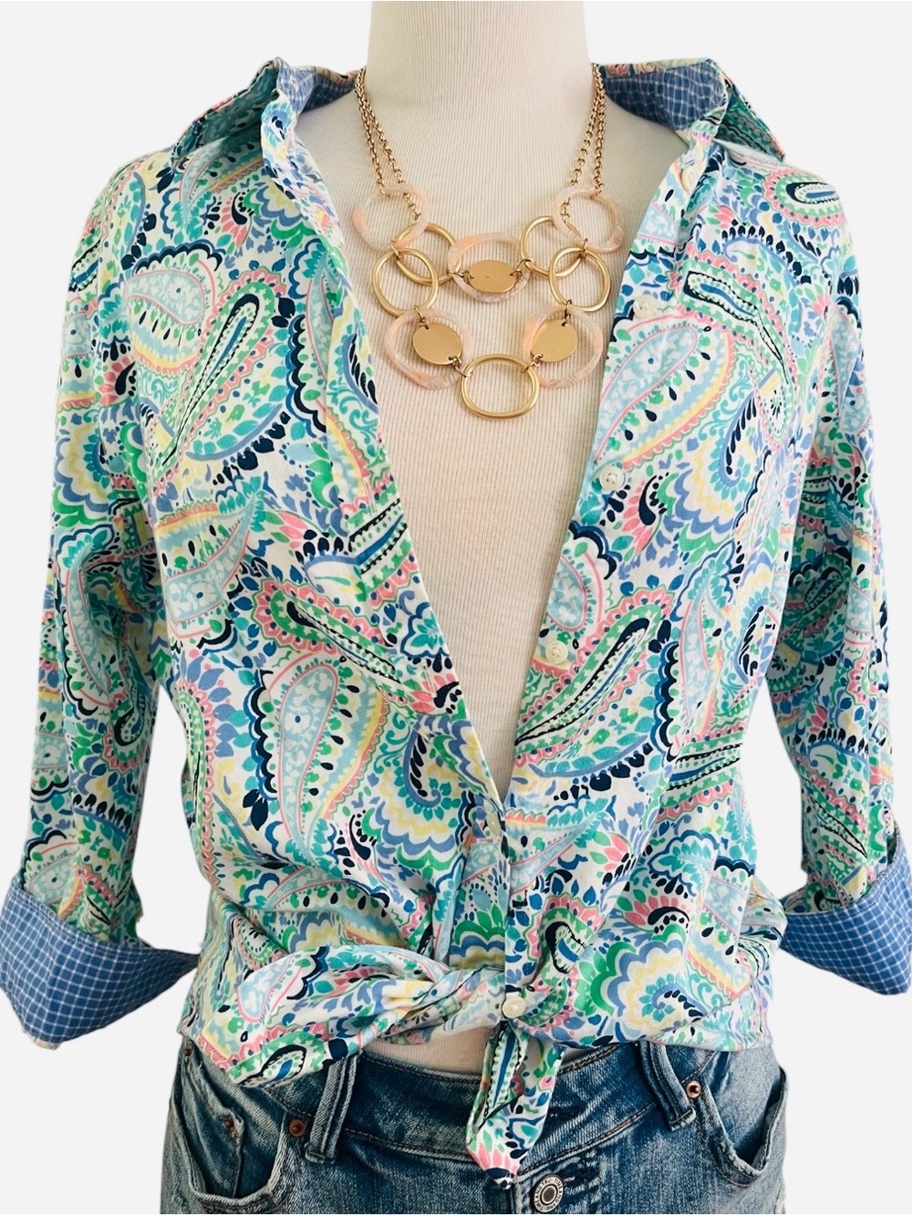 CHAPS -Petite XL -Multicolor Paisley & Check Blouse NO IRON